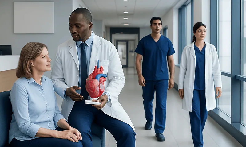 Medical team discussing heart health in hospital corridor.