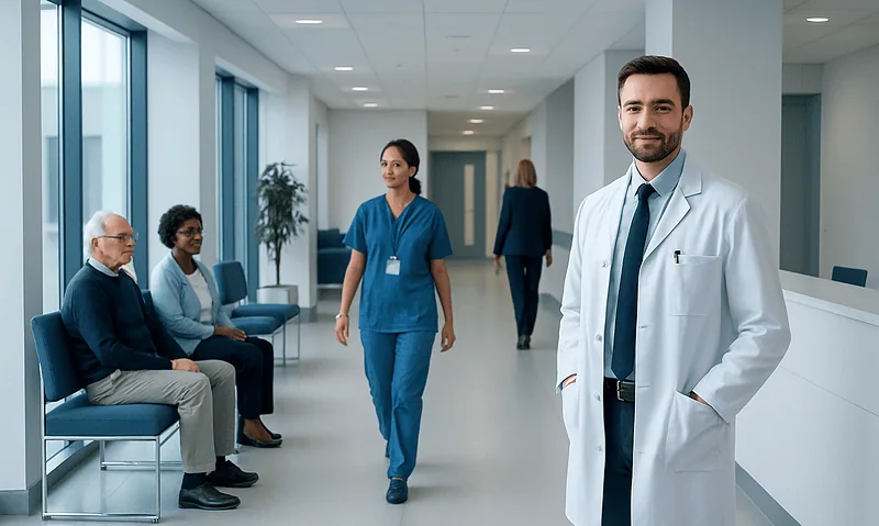 Healthcare professionals and patients in a modern hospital corridor.