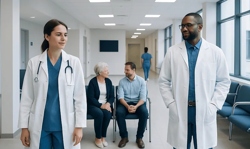 Doctors and patients in a hospital corridor at Acibadem Hospitals Group.