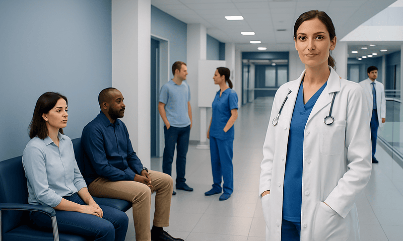 Healthcare professionals and patients in a hospital corridor at Acibadem Hospitals Group.