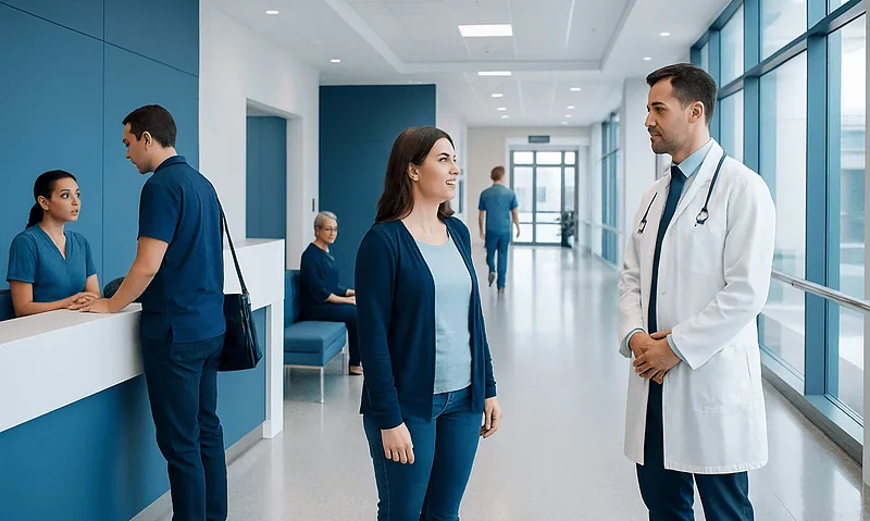 Doctor talking to a patient in a hospital corridor at Acibadem Hospitals Group.
