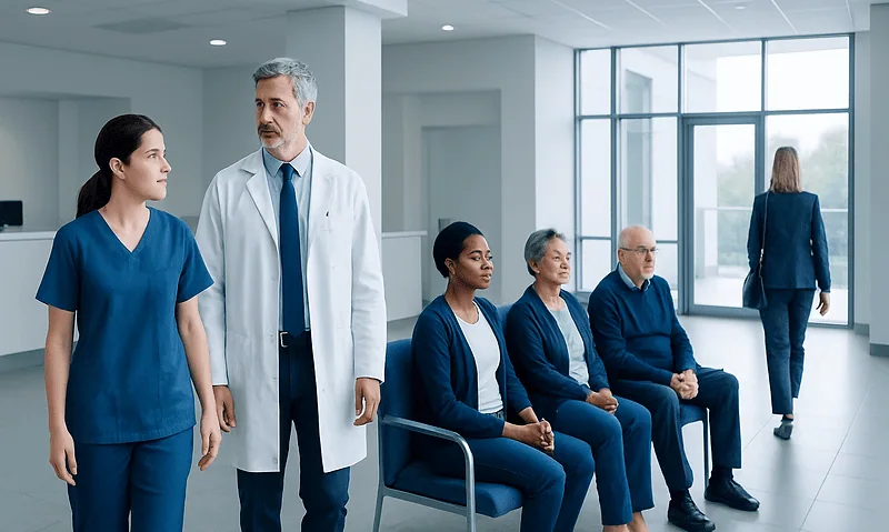 Medical team and patients in a hospital waiting area at Acibadem Hospitals Group.