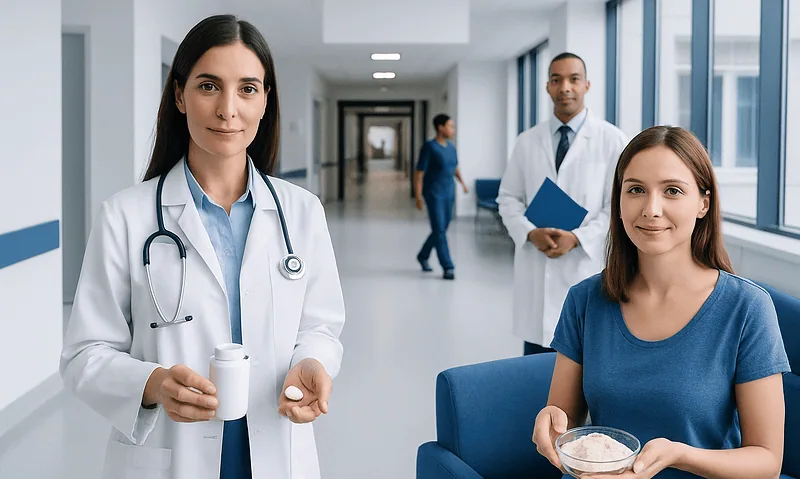 Medical professionals in a hospital corridor with a patient and doctor holding medication and a bowl.
