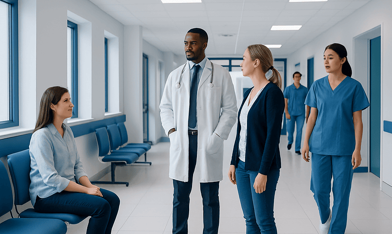 Concerta vs Adderall: Key Differences and How Doctors Tell Them Apart 9 Medical team consulting patient in hospital corridor at Acibadem Hospitals Group.