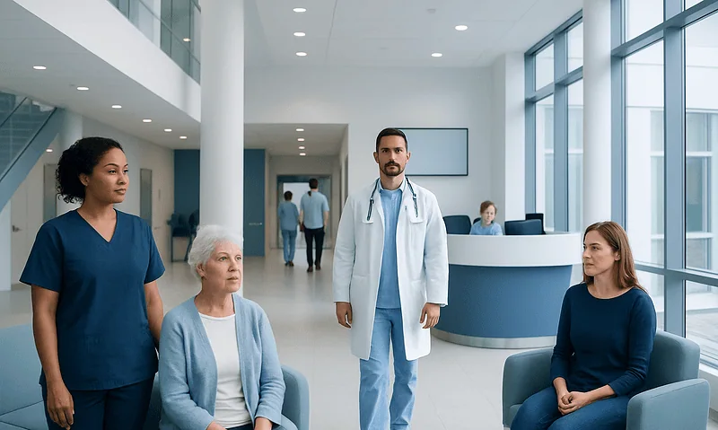 Medical team consulting with elderly patient in hospital lobby.