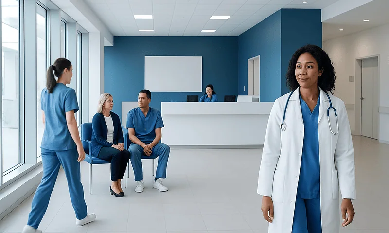 Medical professionals and patients in a modern hospital waiting area.