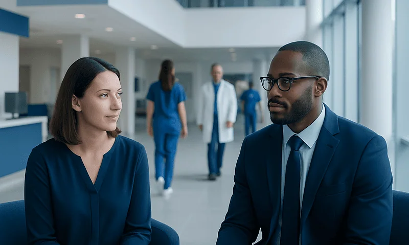 Medical professionals in a hospital lobby discussing patient care.