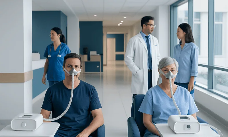 Patients using CPAP and BiPAP machines in a hospital setting.