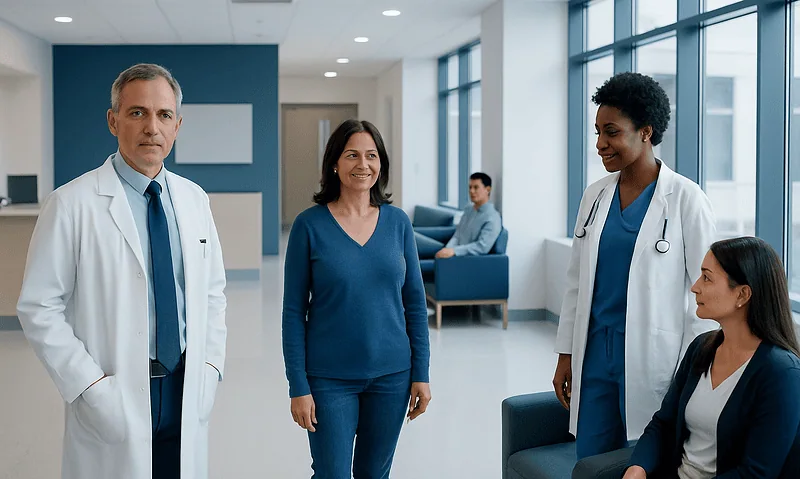 Medical team consulting in modern hospital corridor.