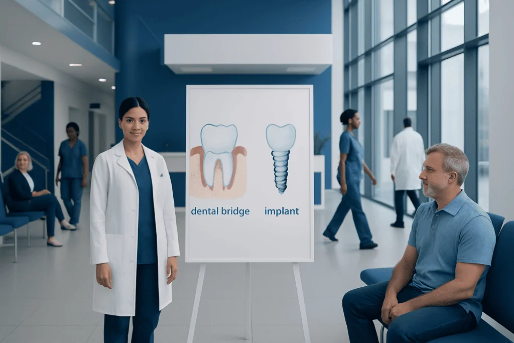 Dental Bridge vs Implant: Key Differences and How Doctors Tell Them Apart 1 Dental professional explaining dental bridge and implant options to patient.