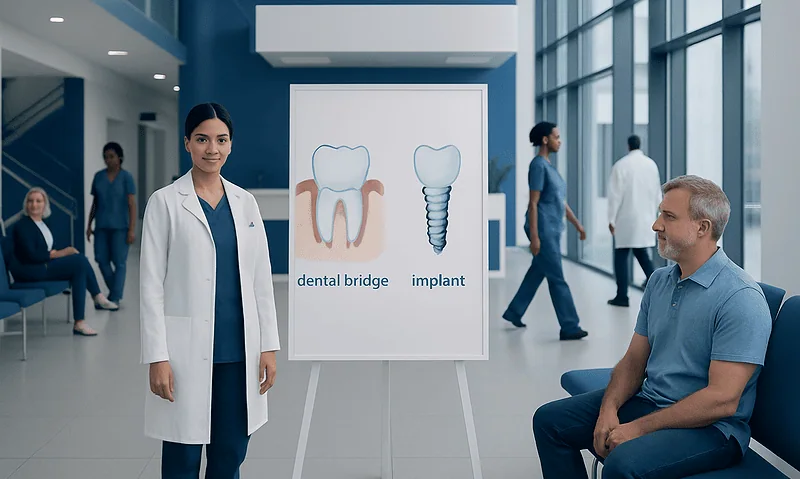 Dental professional explaining dental bridge and implant options to patient.