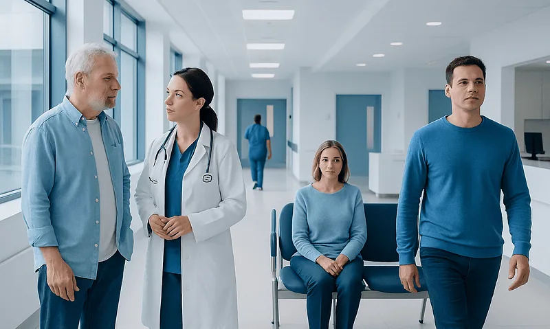 Medical consultation in a modern hospital corridor with doctors and patients.