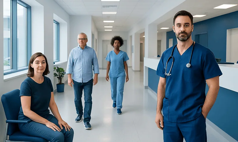 Healthcare professionals in a hospital corridor with a patient and staff.