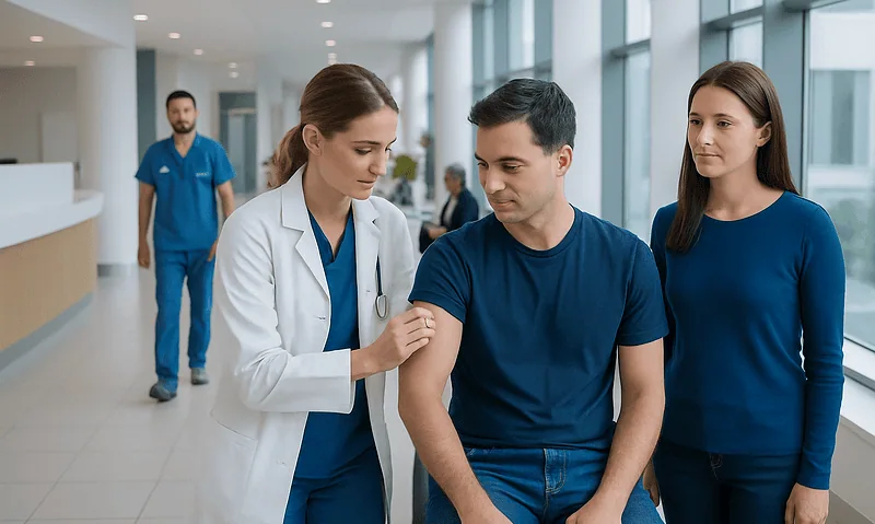 Healthcare professional administering vaccine to patient in hospital corridor.