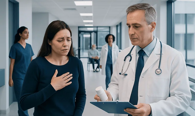 Doctor explaining medication to a patient in hospital corridor.