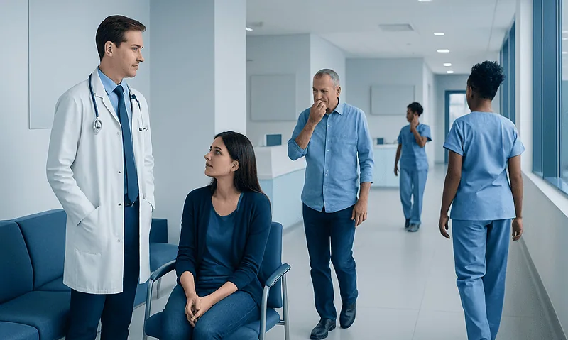Doctor consulting with a patient in a hospital corridor with medical staff in background.