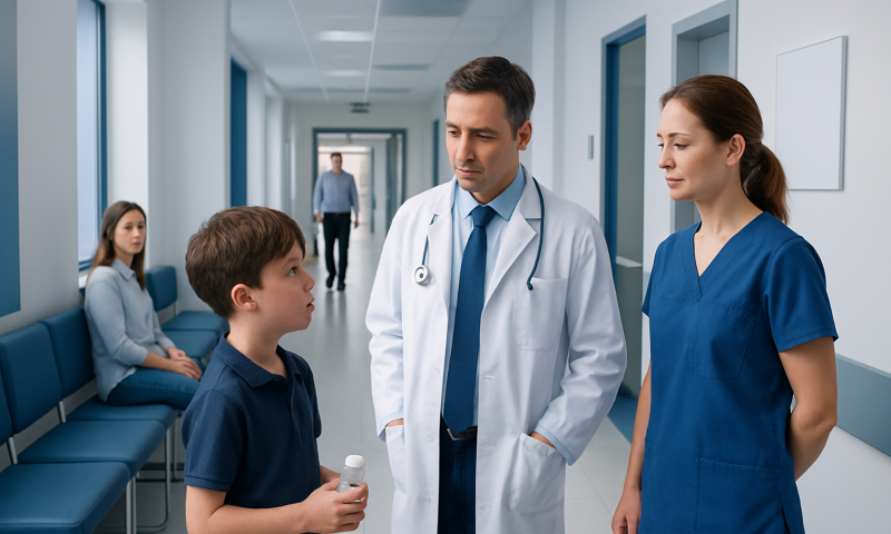 Doctor and nurse talking to a young patient in hospital corridor.