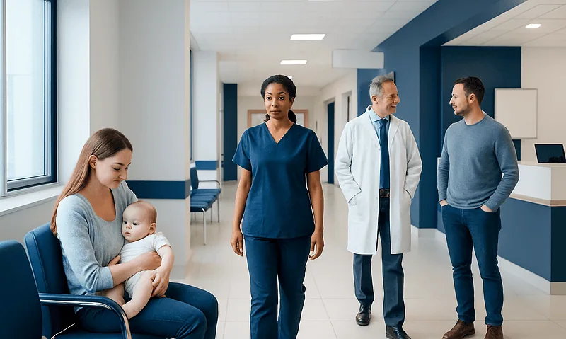 Hospital corridor with a mother, baby, nurse, and two doctors.