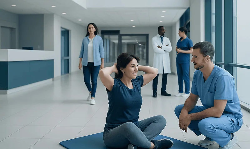Physical therapy session with a woman doing back exercises in a hospital corridor.