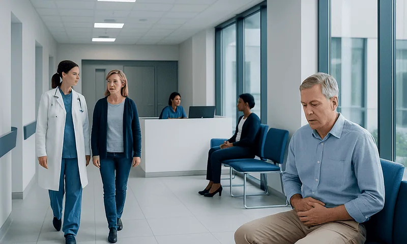 Patient experiencing stomach discomfort in a hospital waiting area.