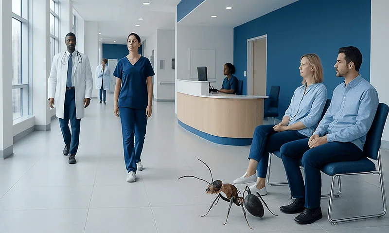 Hospital waiting area with ants and medical staff, patient seating, and reception desk.