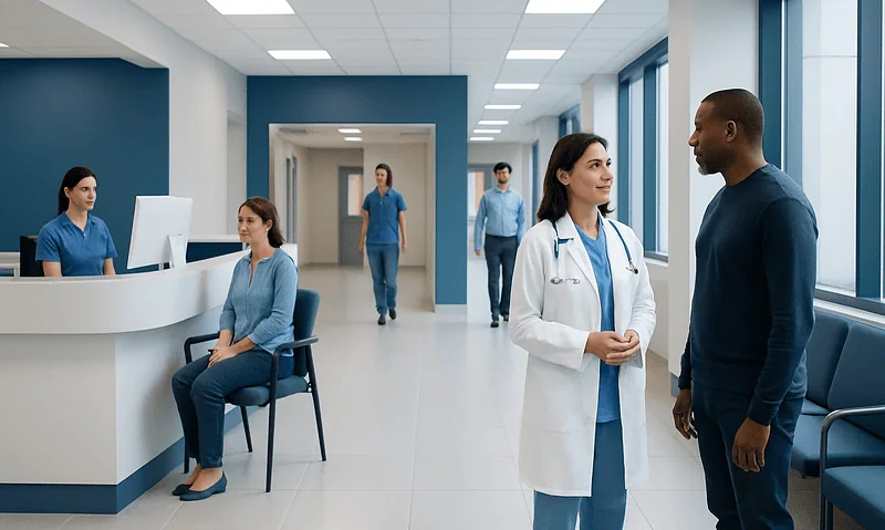 Healthcare professionals and patients in a modern hospital corridor.
