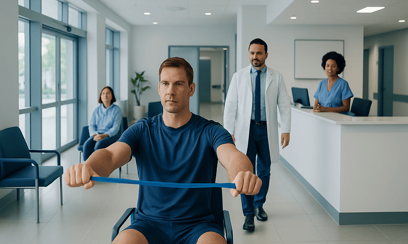 Physical therapy session at Acibadem Hospital with resistance band exercises.