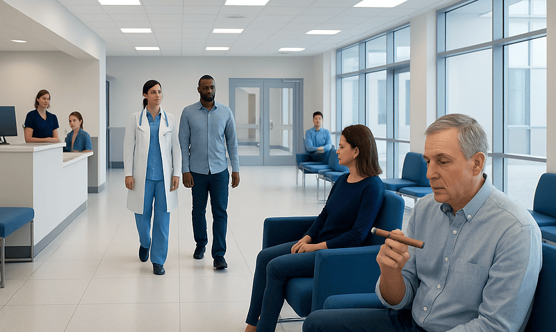 Patients waiting in a modern hospital corridor with medical staff nearby.