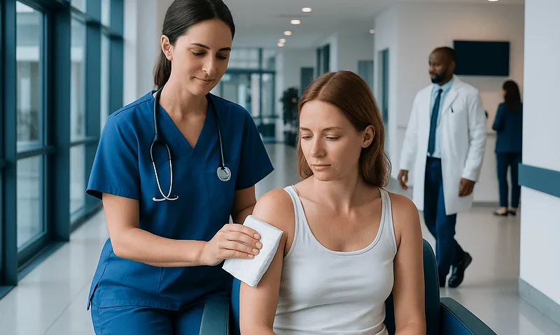 Nurse applying a bandage to a patient's arm in a hospital corridor.