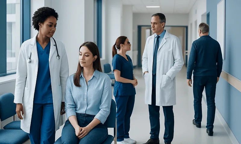 Medical professionals and patients in a hospital corridor at Acibadem Hospitals Group.