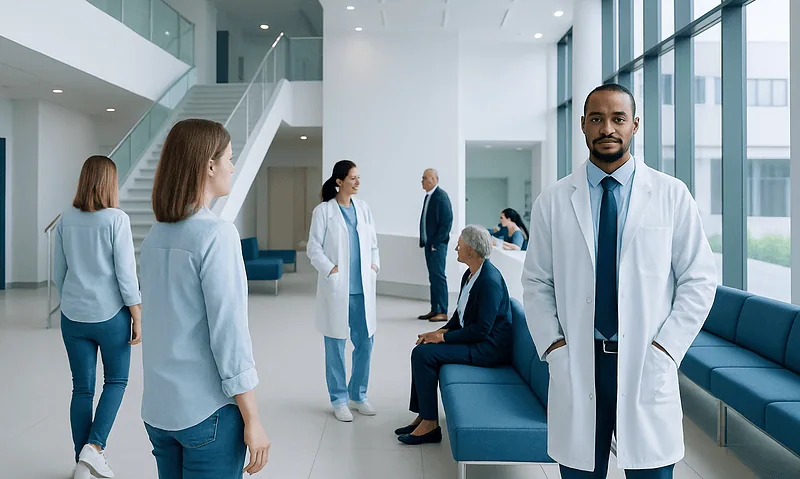 Diverse medical team in modern hospital lobby with patients and staff.