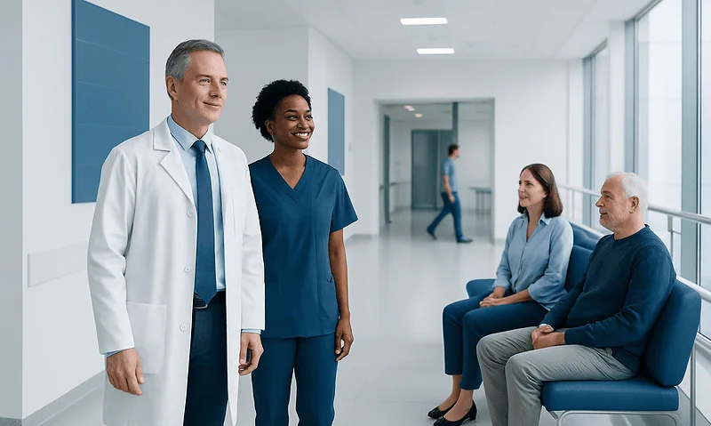 Medical professionals and patients in a modern hospital corridor.