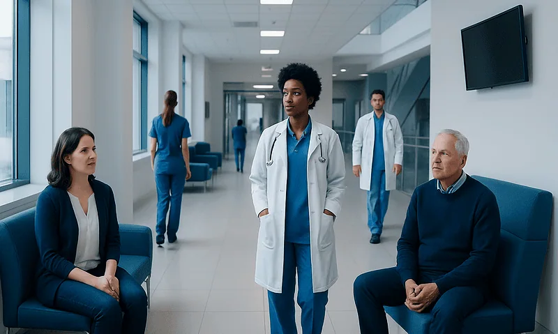 Medical team consulting in hospital corridor at Acibadem Hospitals Group.