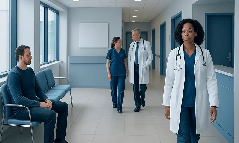 Healthcare professionals and patient in a hospital corridor at Acibadem Hospitals Group.