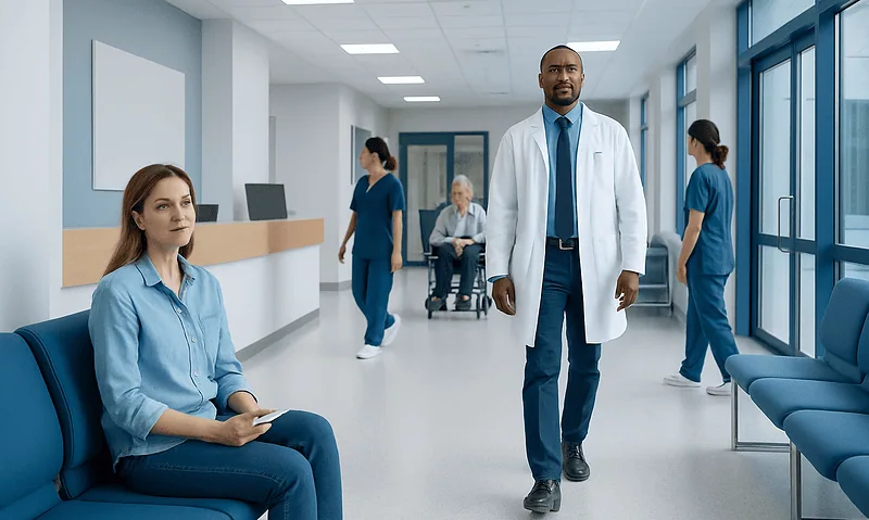 Medical professionals and patient in a modern hospital corridor.