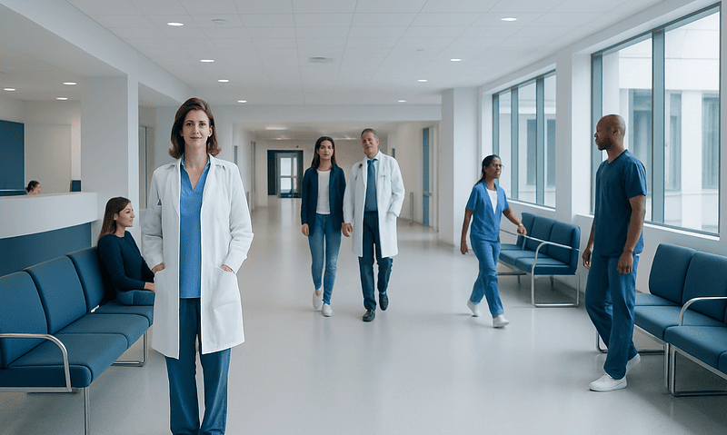 Healthcare professionals walking in a modern hospital corridor.