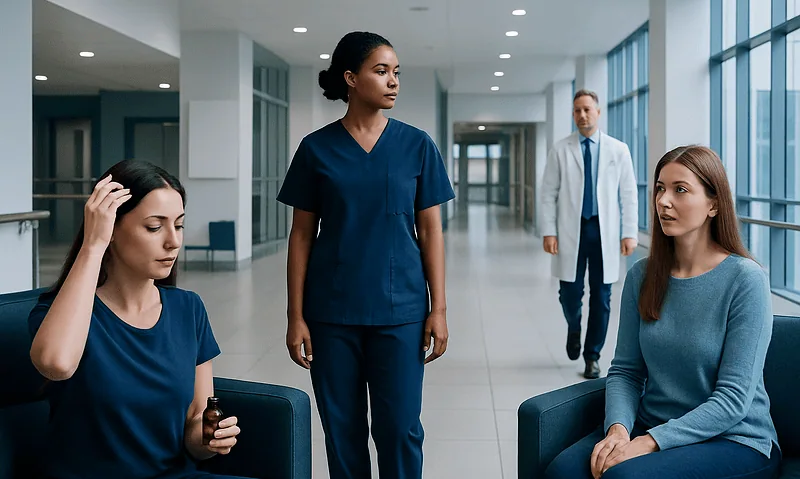 Medical professionals in a hospital corridor with two patients sitting.