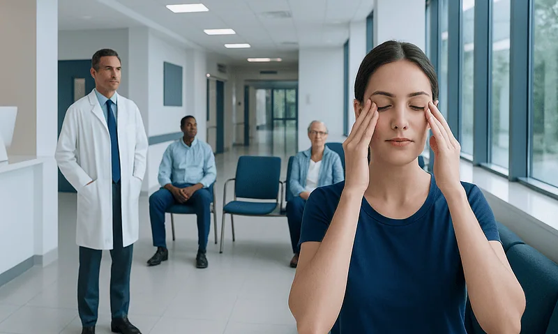 Young woman experiencing eye discomfort in a medical consultation room.