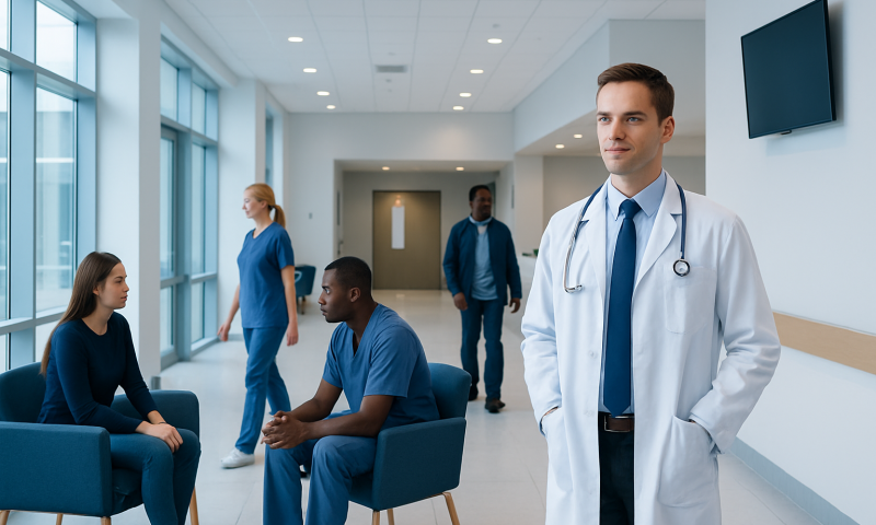 Medical professionals and patients in a modern hospital corridor.
