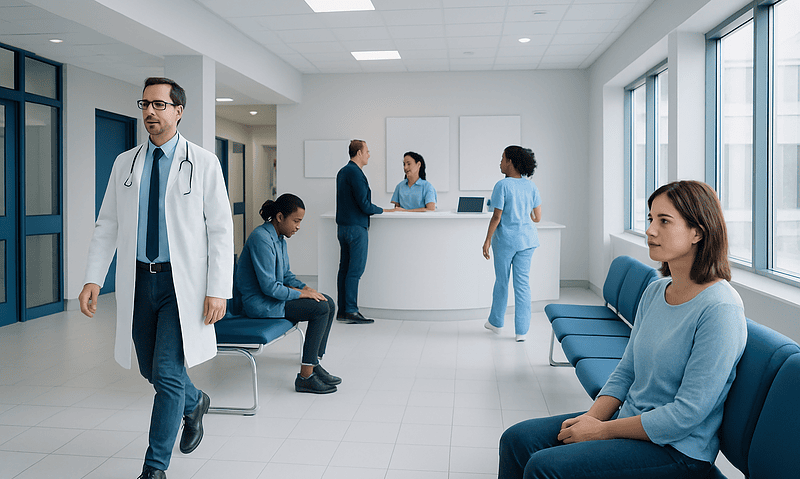 Medical clinic waiting area with patients and healthcare professionals.