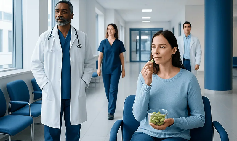 Patient eating healthy snacks in hospital corridor with medical staff nearby.