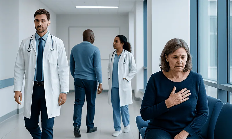 Elderly woman experiencing chest discomfort in hospital corridor.