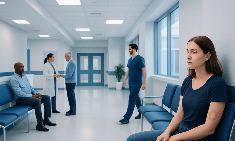Patient with a bandage on her arm in a hospital waiting area.