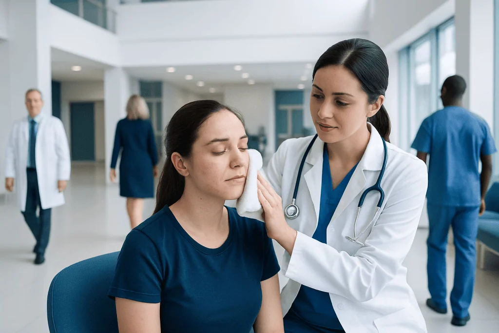 Hot Compresses for Acne: An Evidence-Based Guide for Patients 1 Doctor examining a patient's face in a hospital setting.