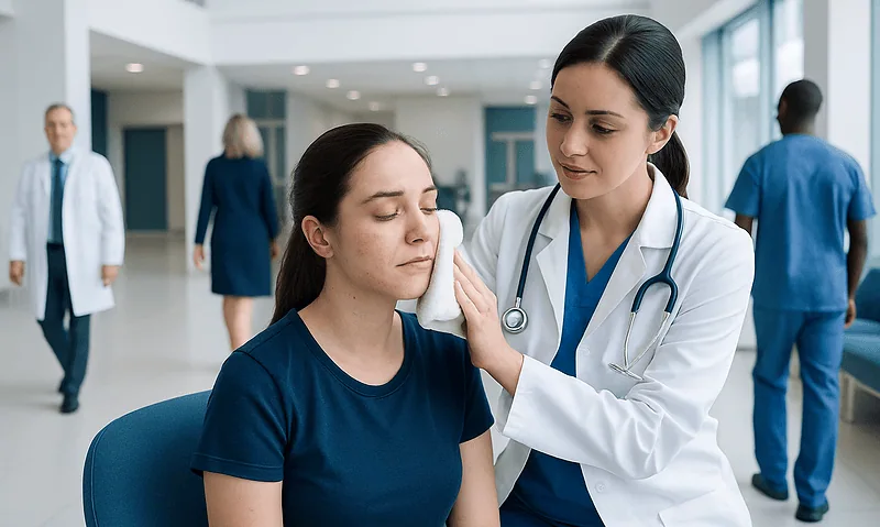 Doctor examining a patient's face in a hospital setting.