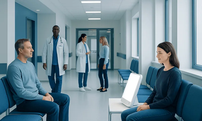 Patients and doctors in a modern hospital corridor.