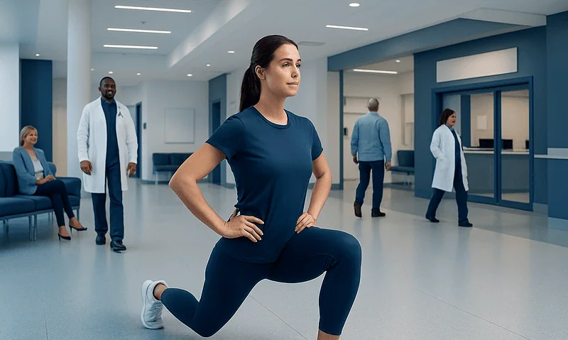 Woman performing lunges in a hospital corridor with medical staff nearby.