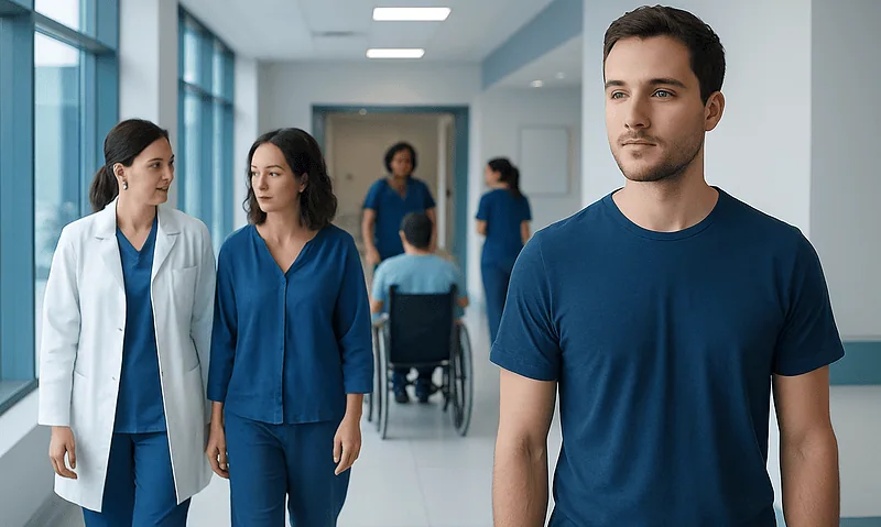 Healthcare professionals and a patient in a hospital corridor.