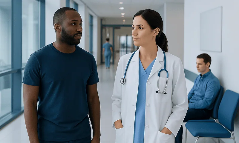 Doctor talking to a male patient in a hospital corridor.