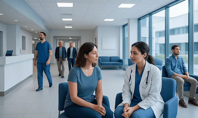 Medical consultation in a modern hospital waiting area with healthcare professionals and patients.